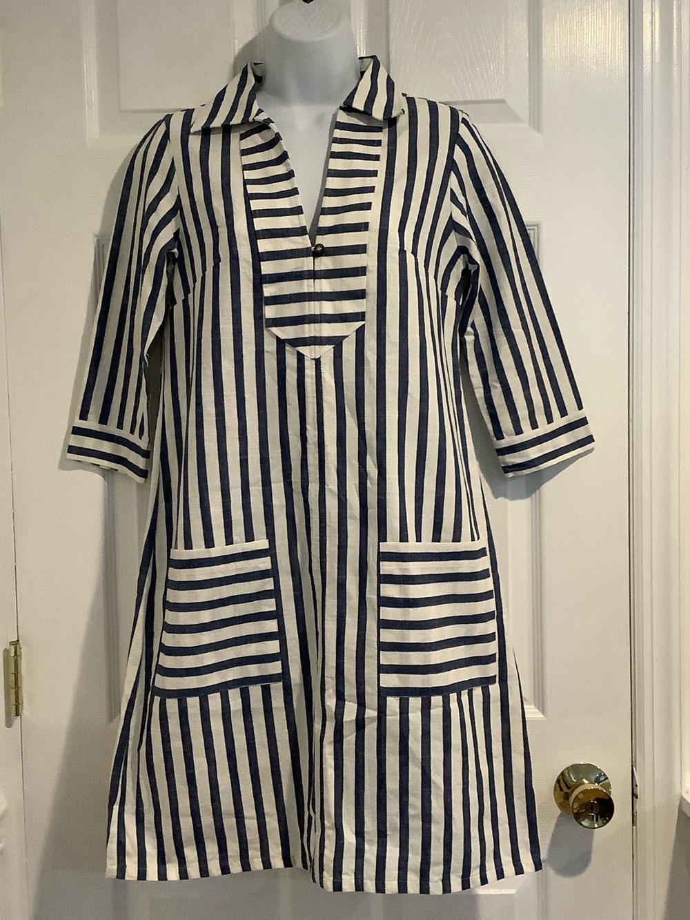 KAYCE HUGHES 100% Cotton Blue/White Striped Nautical Coastal Grandma Dress 4